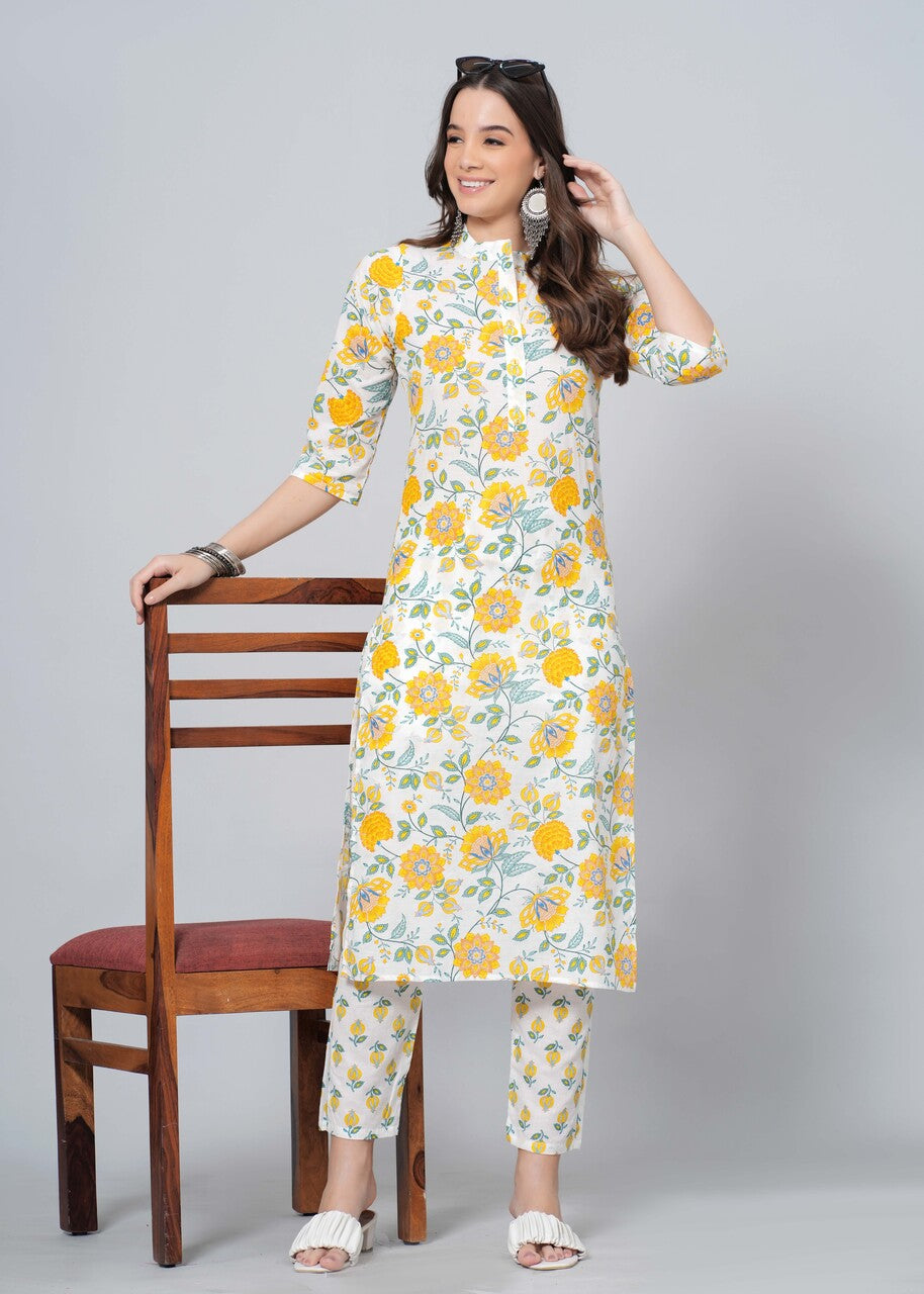 Mitrika Floral Yellow Print Straight Kurta Pant Set