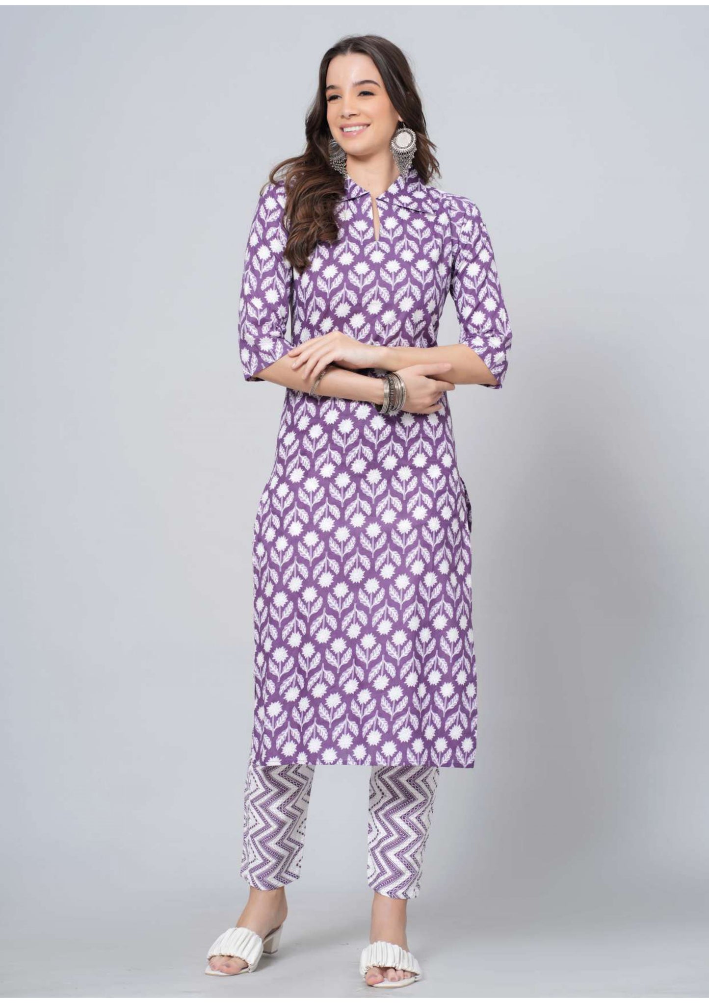 Mitrika Purple Floral Printed Cotton Kurta Set