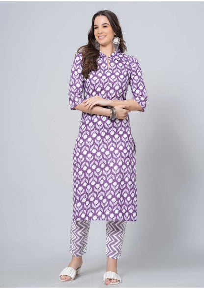 Mitrika Purple Floral Printed Cotton Kurta Set