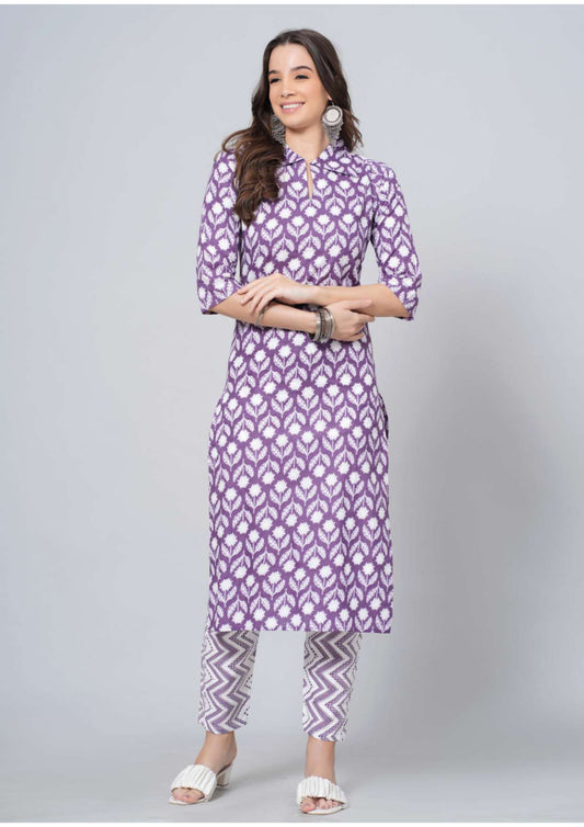 Mitrika Purple Floral Printed Cotton Kurta Set