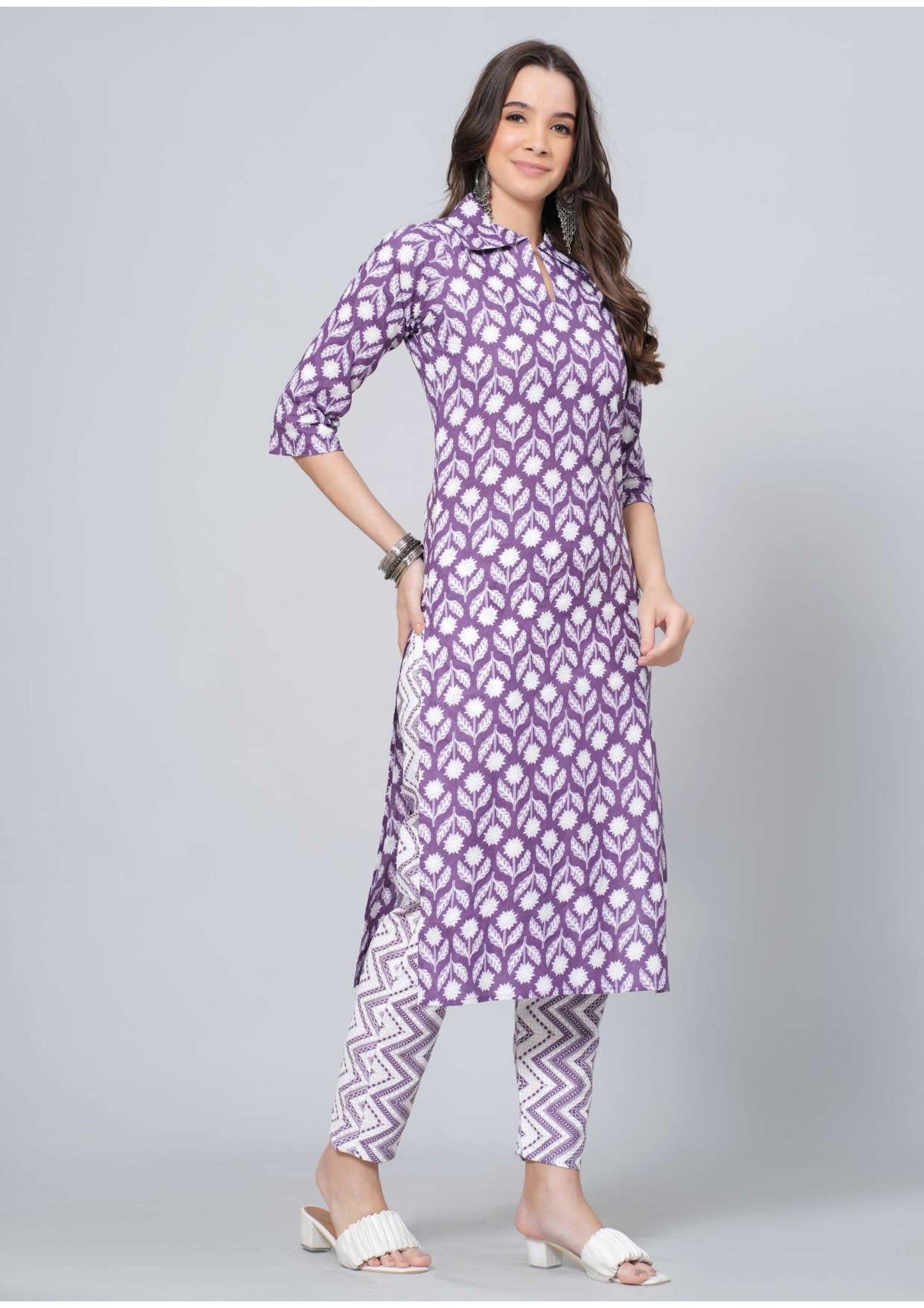 Mitrika Purple Floral Printed Cotton Kurta Set