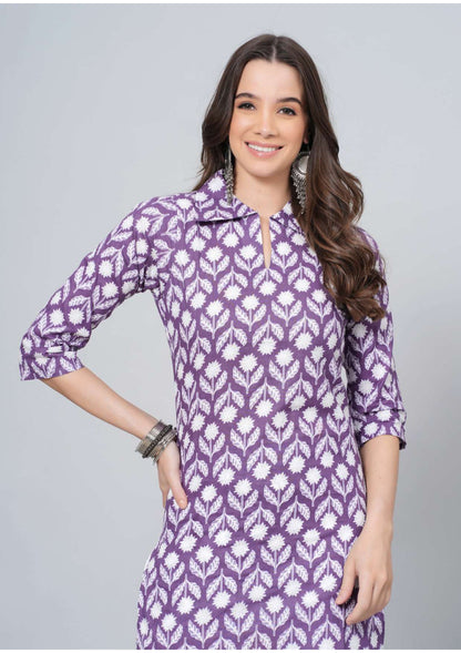 Mitrika Purple Floral Printed Cotton Kurta Set