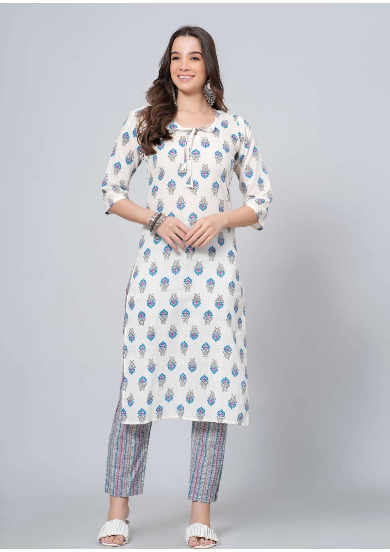 Mitrika Ivory Floral Printed Cotton Striped Kurta Set