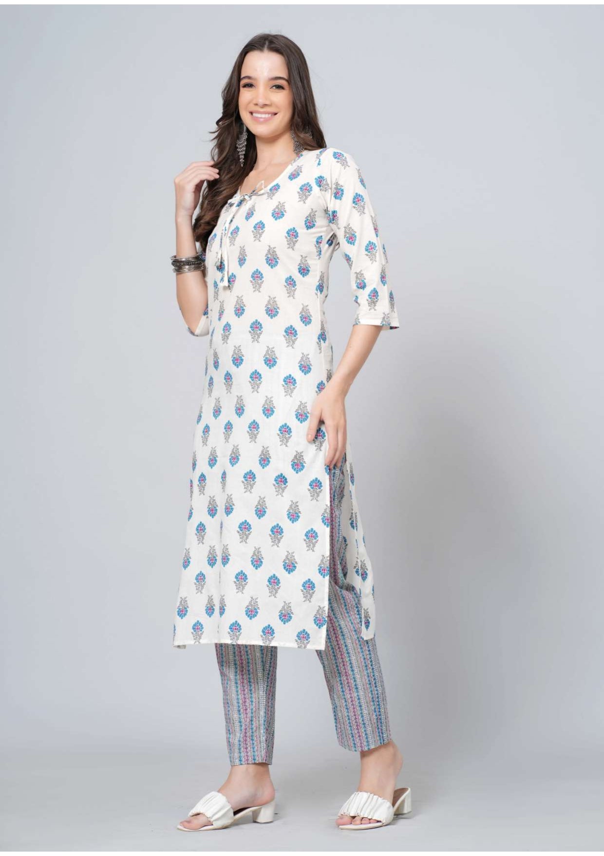 Mitrika Ivory Floral Printed Cotton Striped Kurta Set