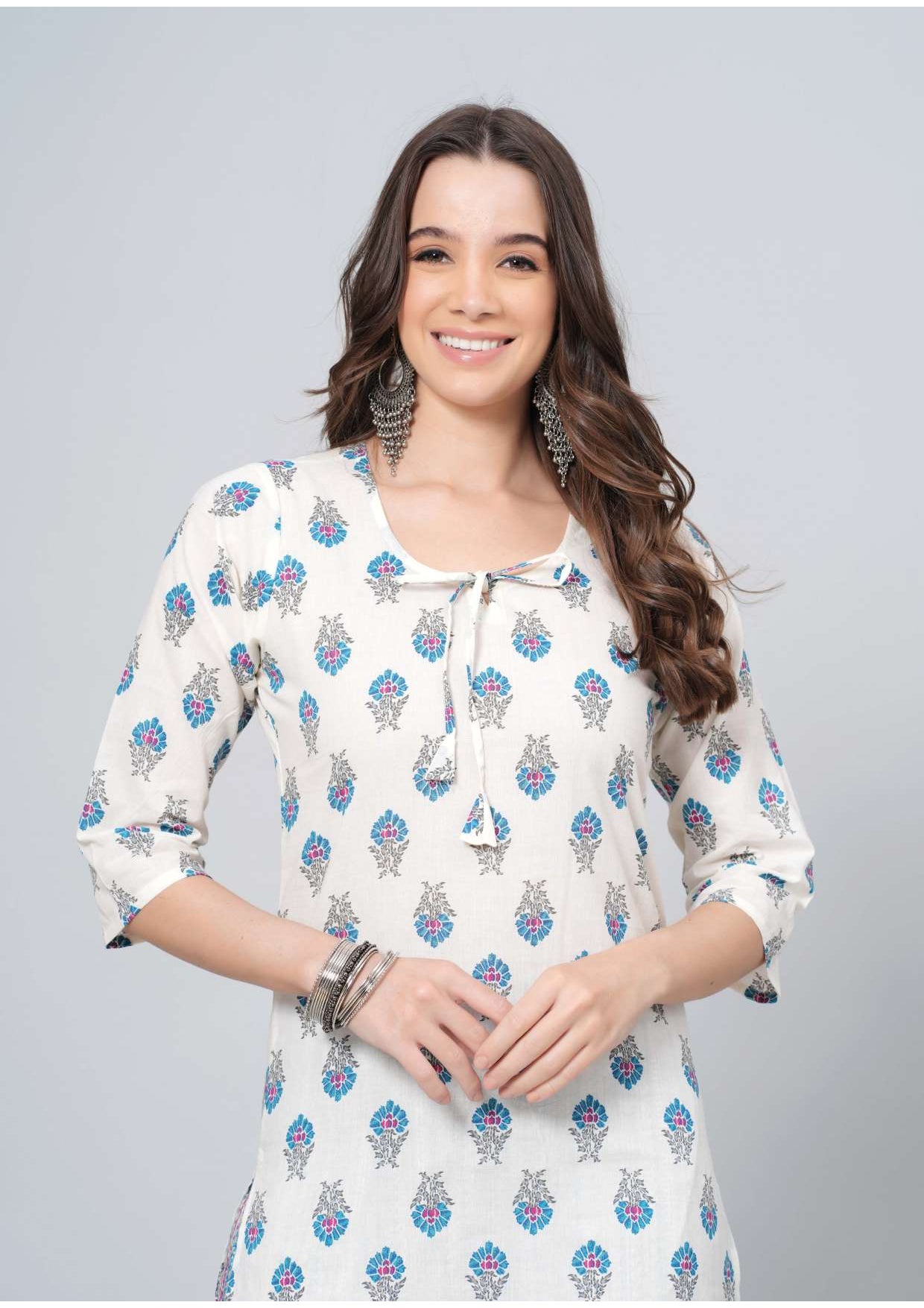 Mitrika Ivory Floral Printed Cotton Striped Kurta Set