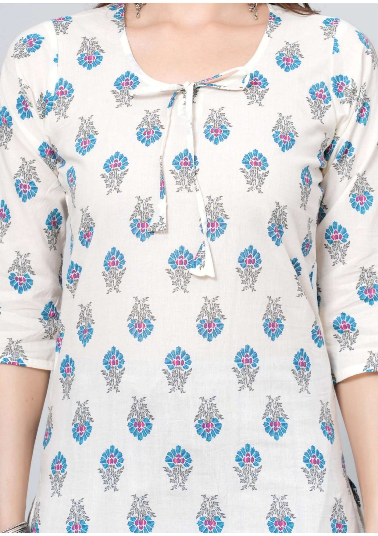 Mitrika Ivory Floral Printed Cotton Striped Kurta Set