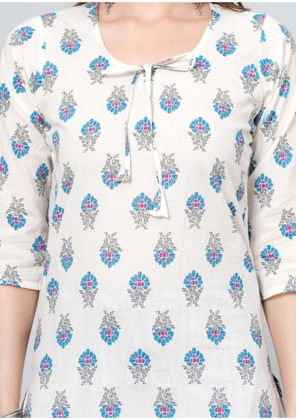 Mitrika Ivory Floral Printed Cotton Striped Kurta Set