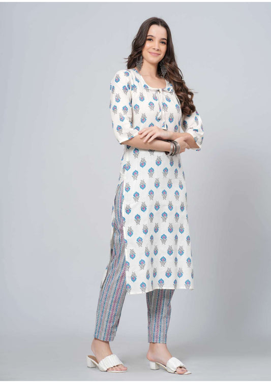 Mitrika Ivory Floral Printed Cotton Striped Kurta Set