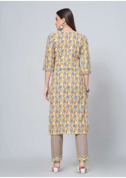 Mitrika Mustard & Multicolor Floral Print Cotton Kurta Pant Set with Printed Dupatta