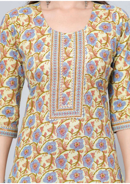 Mitrika Mustard & Multicolor Floral Print Cotton Kurta Pant Set with Printed Dupatta