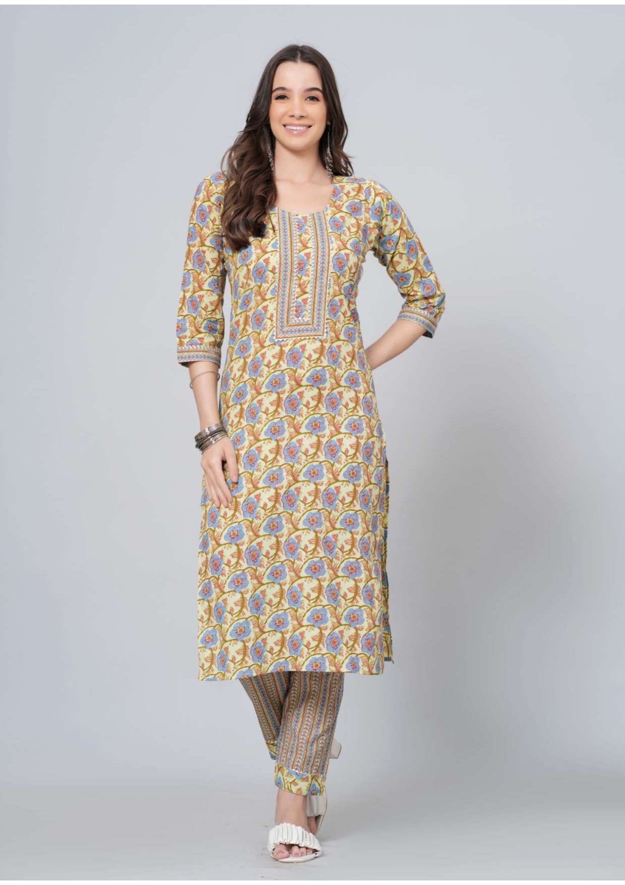 Mitrika Mustard & Multicolor Floral Print Cotton Kurta Pant Set with Printed Dupatta