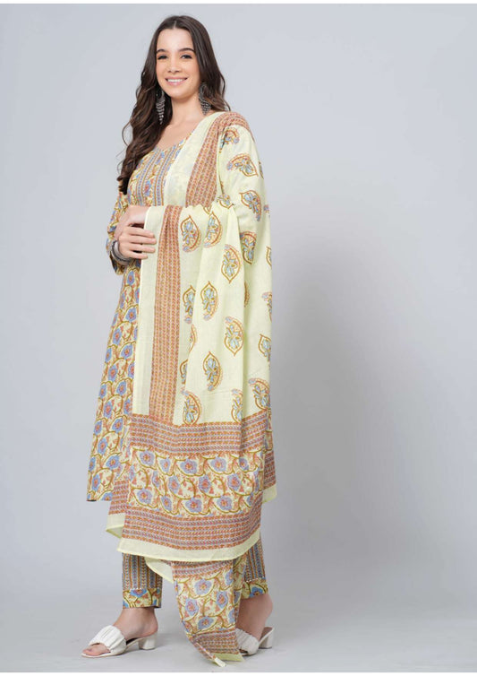 Mitrika Mustard & Multicolor Floral Print Cotton Kurta Pant Set with Printed Dupatta