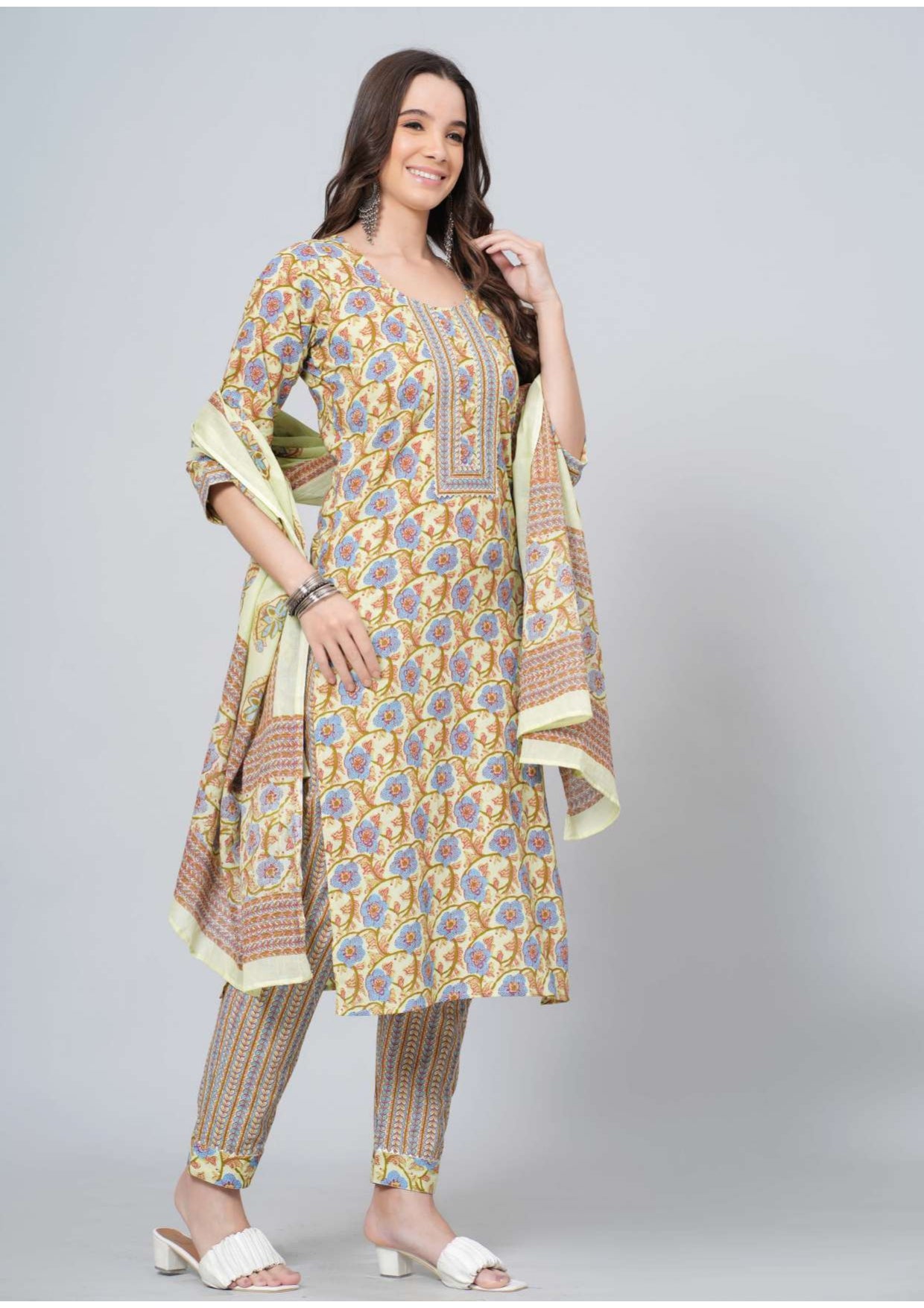 Mitrika Mustard & Multicolor Floral Print Cotton Kurta Pant Set with Printed Dupatta