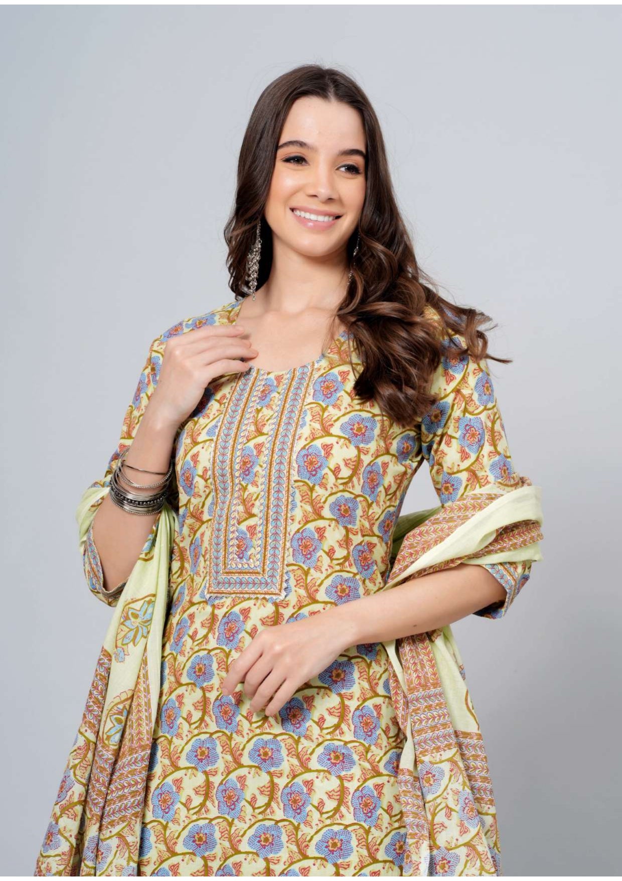 Mitrika Mustard & Multicolor Floral Print Cotton Kurta Pant Set with Printed Dupatta