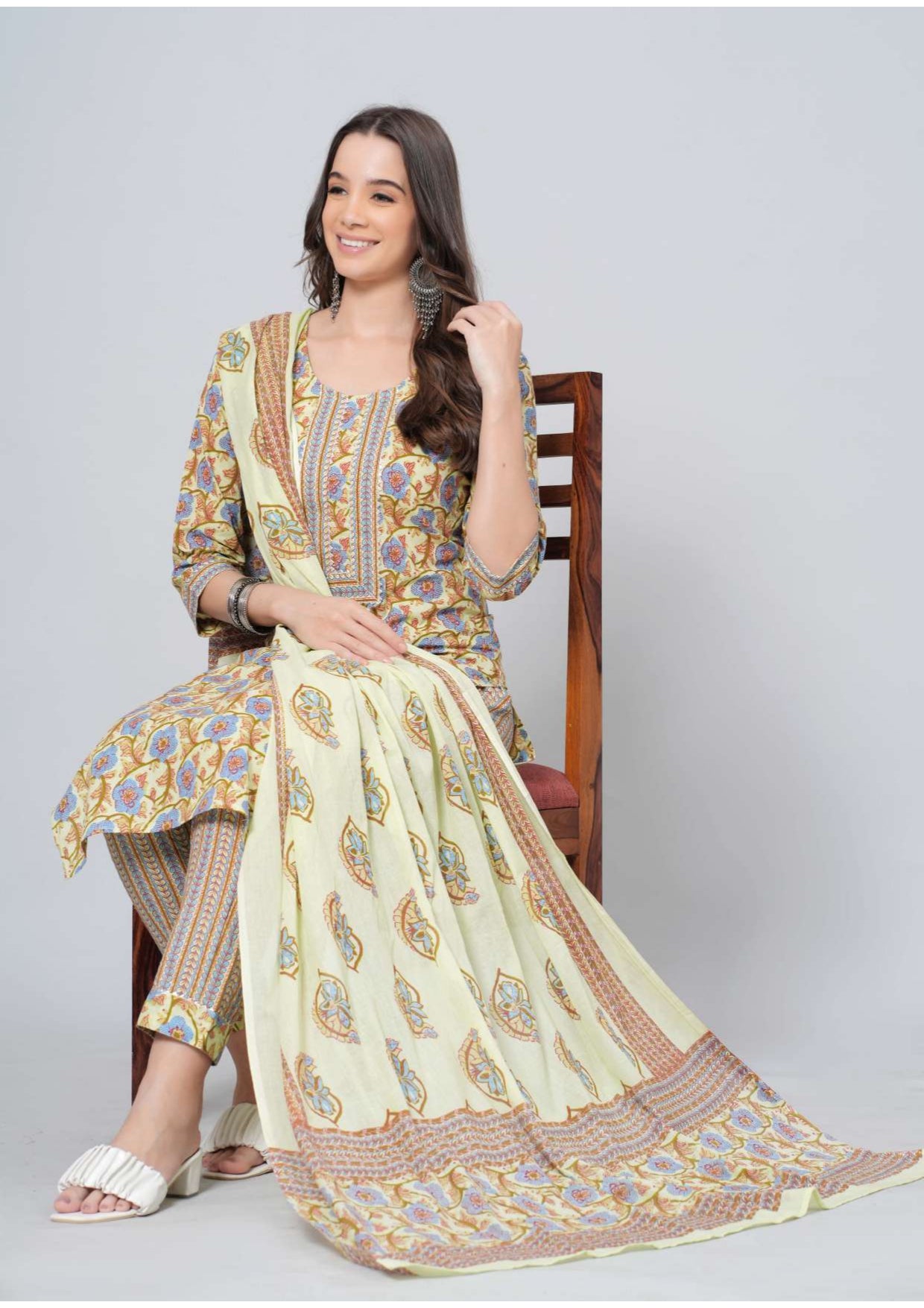 Mitrika Mustard & Multicolor Floral Print Cotton Kurta Pant Set with Printed Dupatta