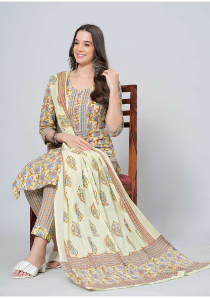 Mitrika Mustard & Multicolor Floral Print Cotton Kurta Pant Set with Printed Dupatta