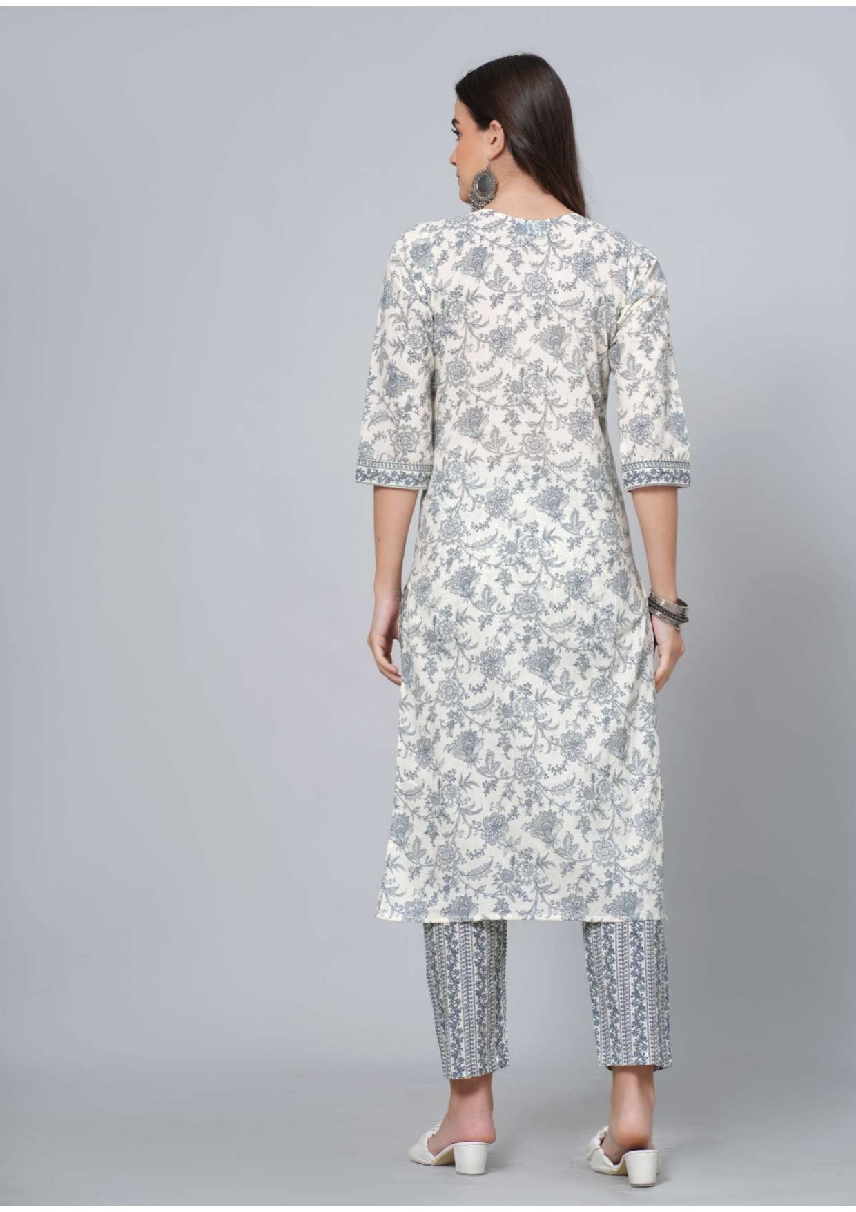 Mitrika Elegance White & Grey Floral Printed Cotton Kurta Set with Dupatta