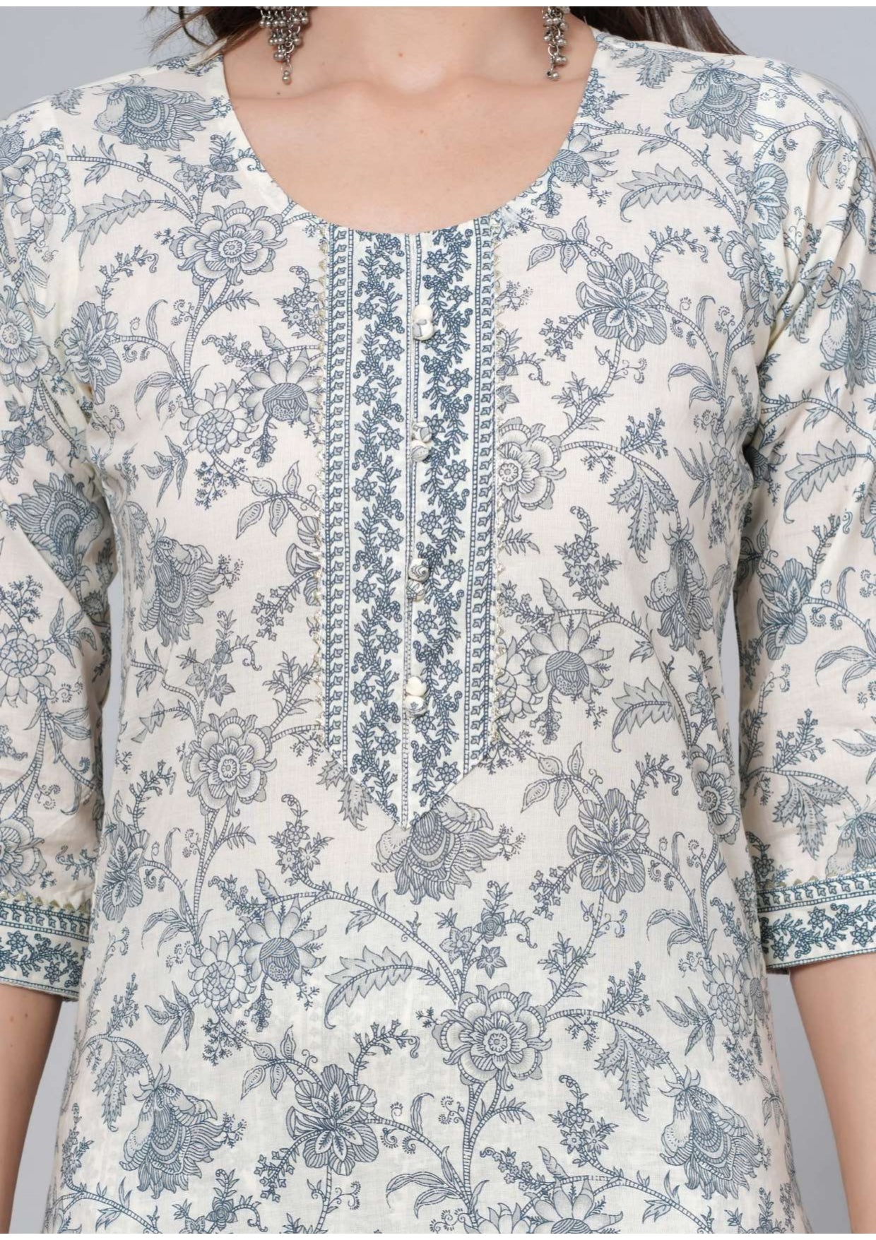 Mitrika Elegance White & Grey Floral Printed Cotton Kurta Set with Dupatta
