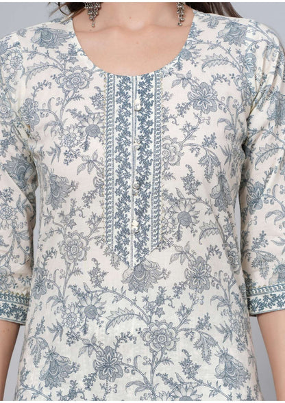 Mitrika Elegance White & Grey Floral Printed Cotton Kurta Set with Dupatta