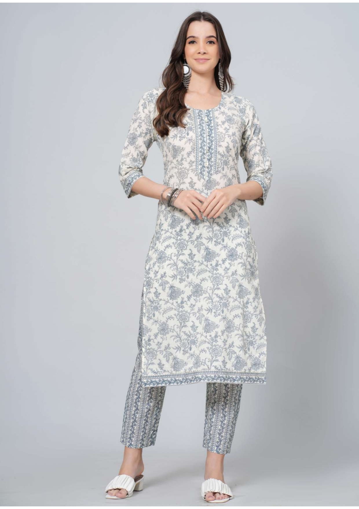 Mitrika Elegance White & Grey Floral Printed Cotton Kurta Set with Dupatta
