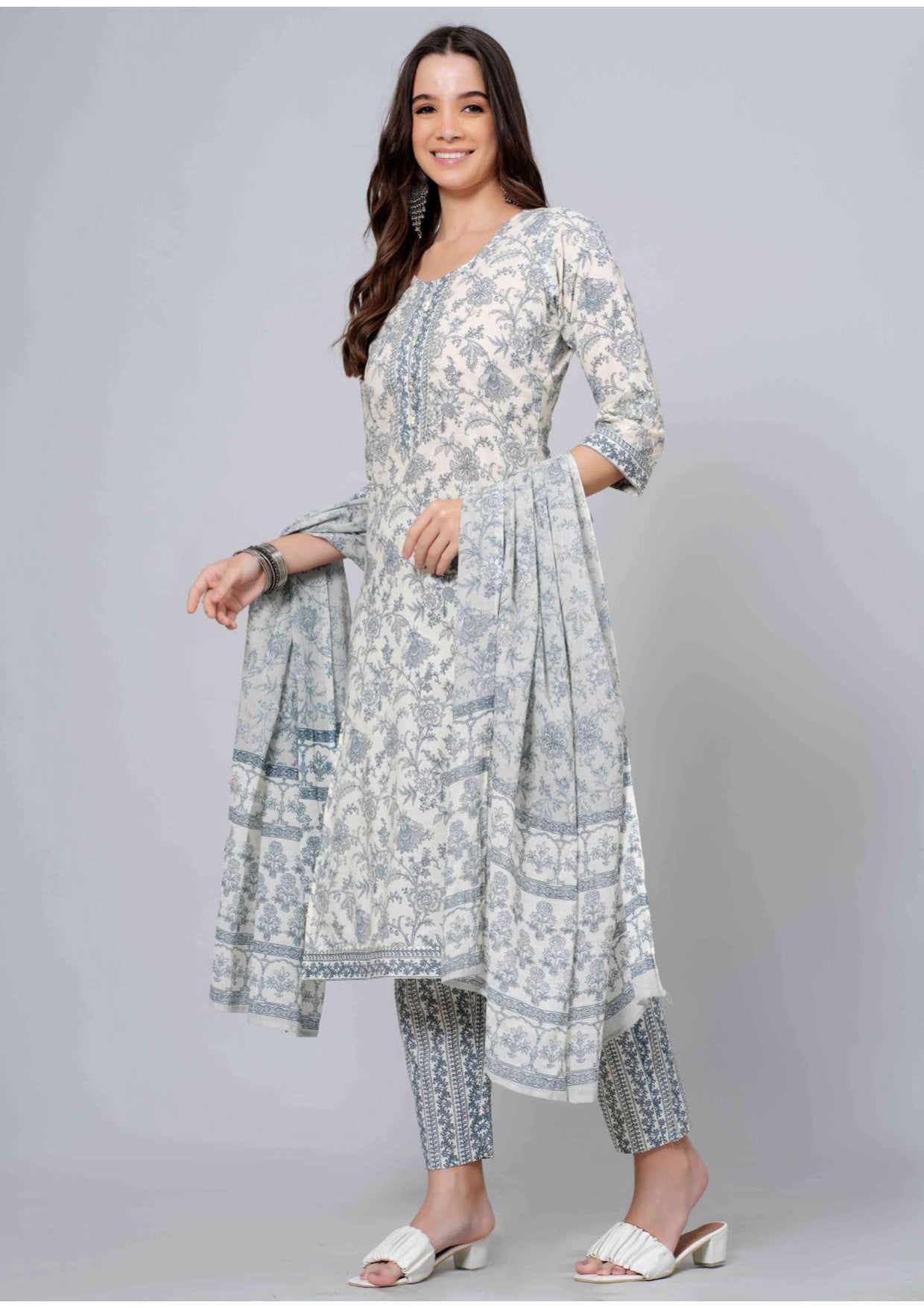 Mitrika Elegance White & Grey Floral Printed Cotton Kurta Set with Dupatta