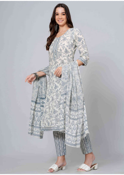 Mitrika Elegance White & Grey Floral Printed Cotton Kurta Set with Dupatta