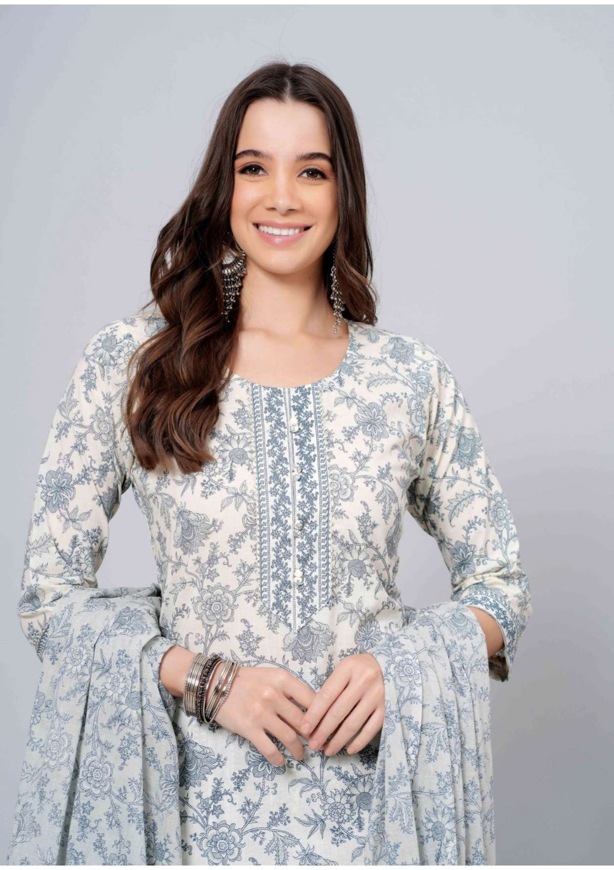 Mitrika Elegance White & Grey Floral Printed Cotton Kurta Set with Dupatta