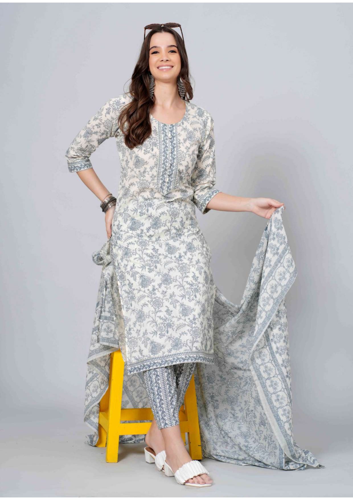 Mitrika Elegance White & Grey Floral Printed Cotton Kurta Set with Dupatta