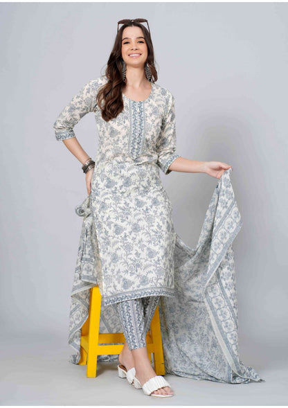 Mitrika Elegance White & Grey Floral Printed Cotton Kurta Set with Dupatta