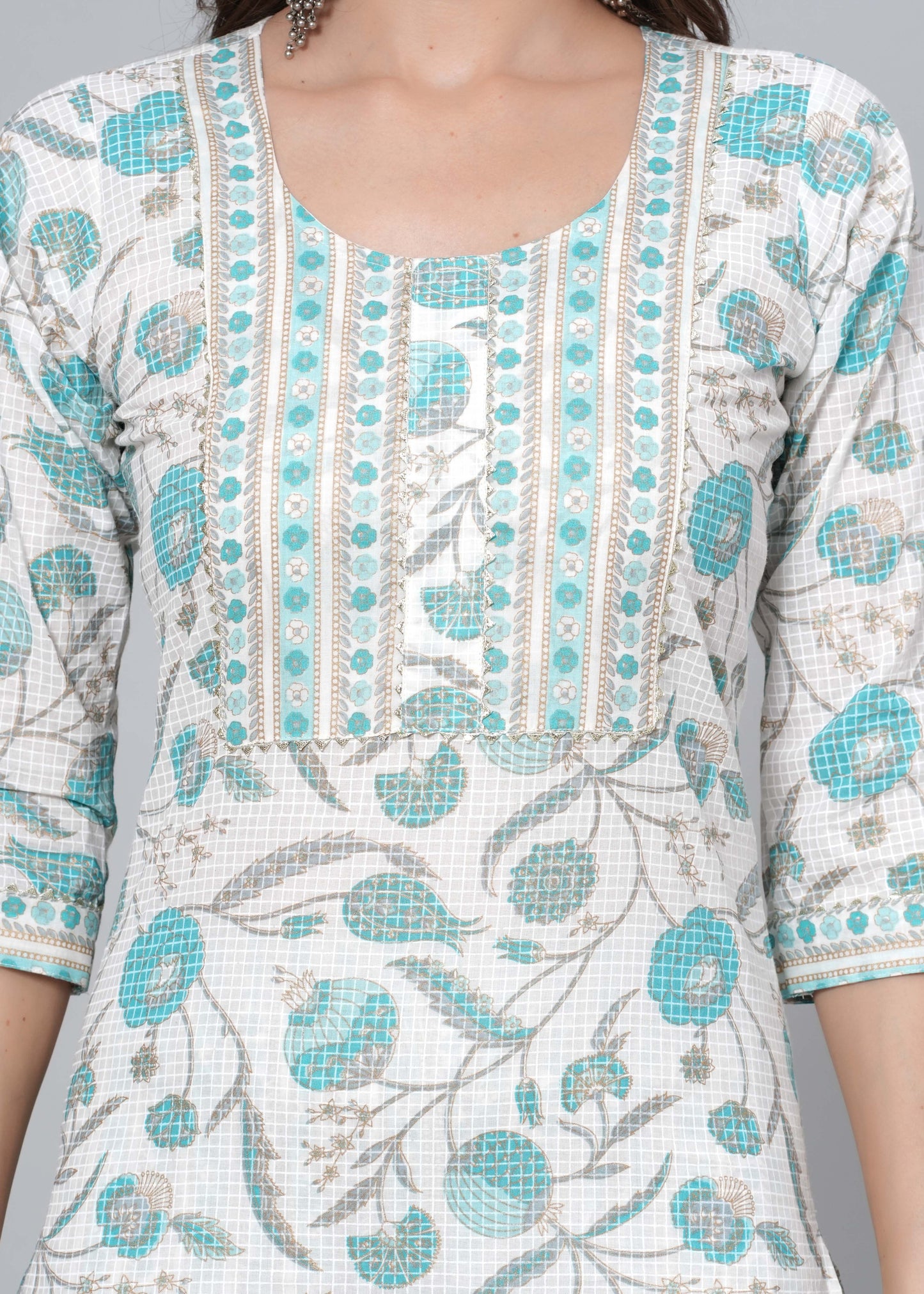 Mitrika Elegant White & Aqua Blue Floral Printed Cotton Kurta Set with Dupatta