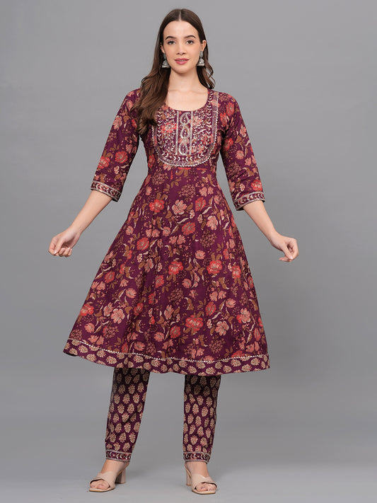 Mitrika Elegant Maroon Floral Printed Anarkali Kurta Set