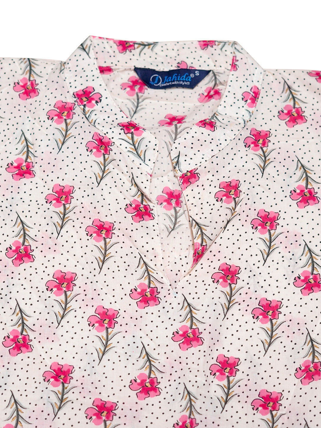 Mitrika White & Pink Floral Printed Mandarin Collar Tiered A-Line Midi Dress