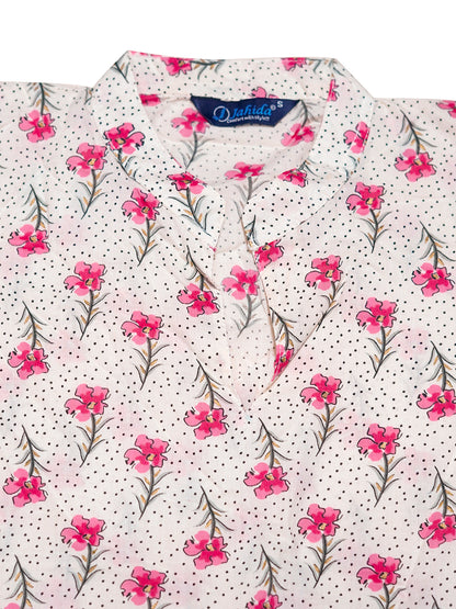 Mitrika White & Pink Floral Printed Mandarin Collar Tiered A-Line Midi Dress