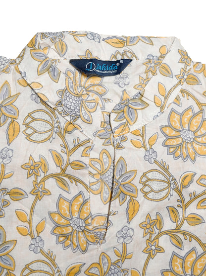 Mitrika White & Yellow Floral Printed Cotton Tiered Midi Dress