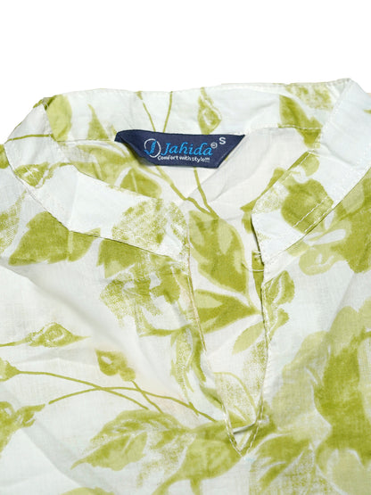 Mitrika White & Green Leaf Printed Cotton Tiered Midi Dress