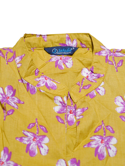 Mitrika Mustard Yellow Floral Printed Tiered Midi Dress with Puff Sleeves