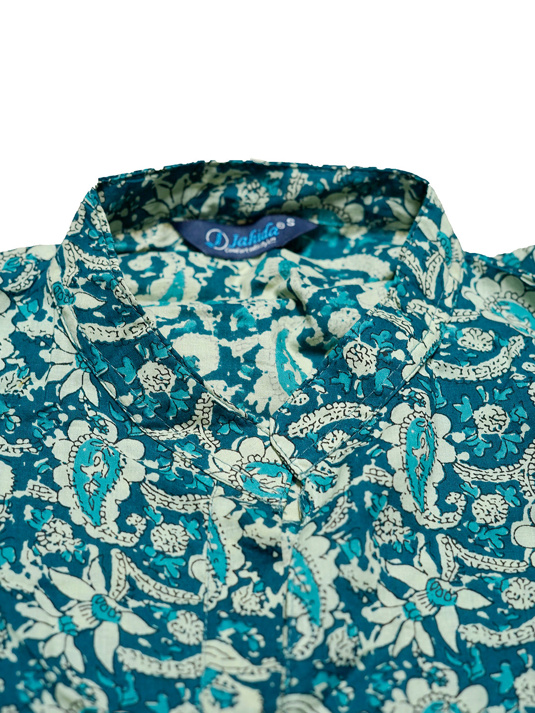 Blue Cotton Printed Straight Kurti with Mandarin Collar