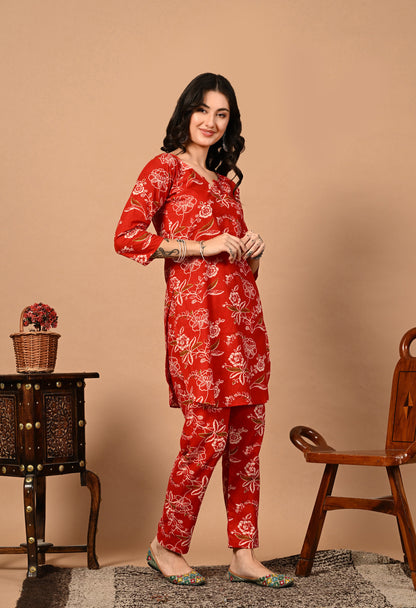 Mitrika Crimson Red Floral Printed Cotton Co-Ord Set