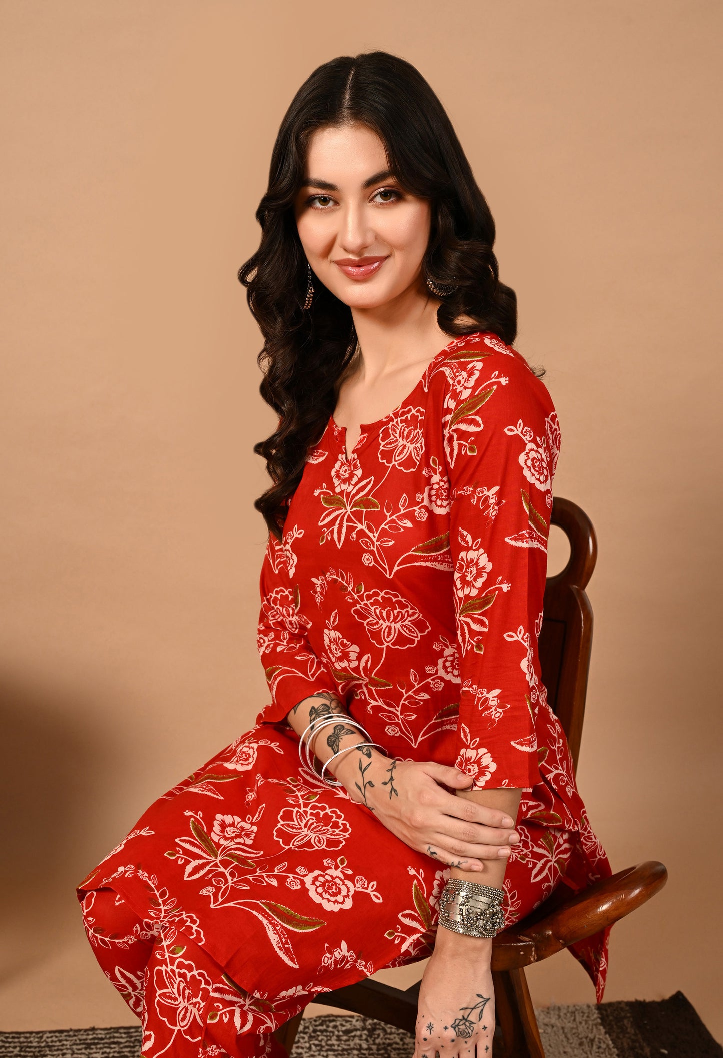 Mitrika Crimson Red Floral Printed Cotton Co-Ord Set