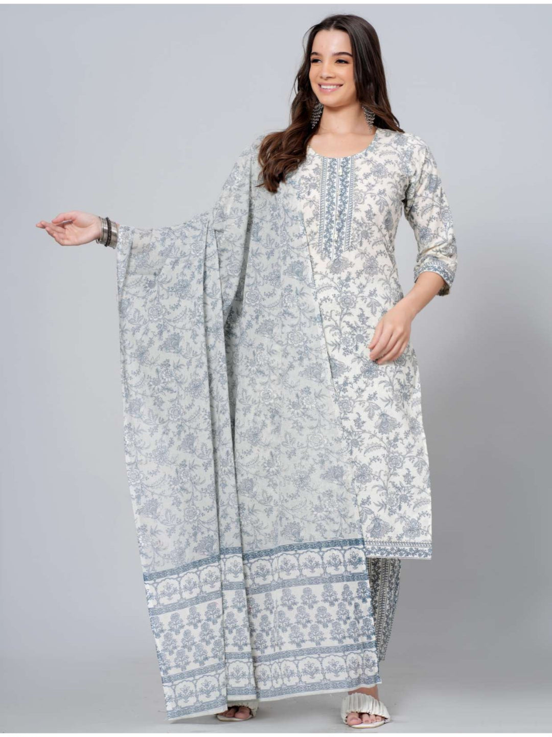 White grey kurta set, floral printed cotton kurta, elegant suit set with dupatta, ethnic cotton kurta set, women’s festive wear kurta > Mitrika