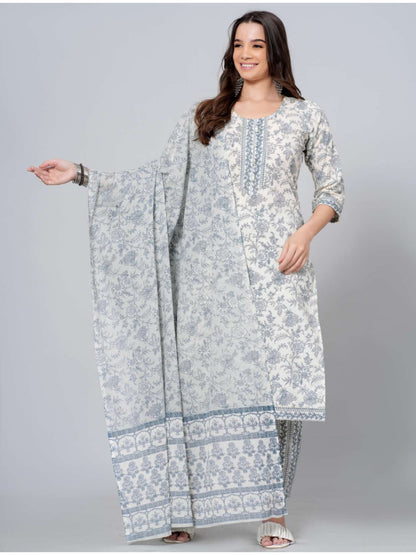 White grey kurta set, floral printed cotton kurta, elegant suit set with dupatta, ethnic cotton kurta set, women’s festive wear kurta > Mitrika
