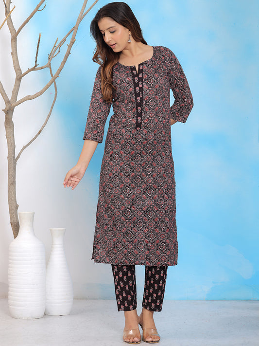 Black and red printed cotton kurta set for women, three-quarter sleeves, straight fit kurta with matching printed pants, ethnic wear, casual and office wear outfit > Mitrika