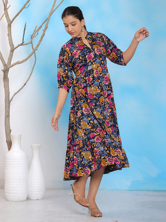Elegant floral midi dress, navy blue A-line dress, floral printed summer dress, casual floral outfit, women's navy printed dress, A-line midi dress. > Mitrika