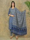 Mitrika Elegant Indigo Blue Printed Cotton Kurta Set with Floral Border Dupatta