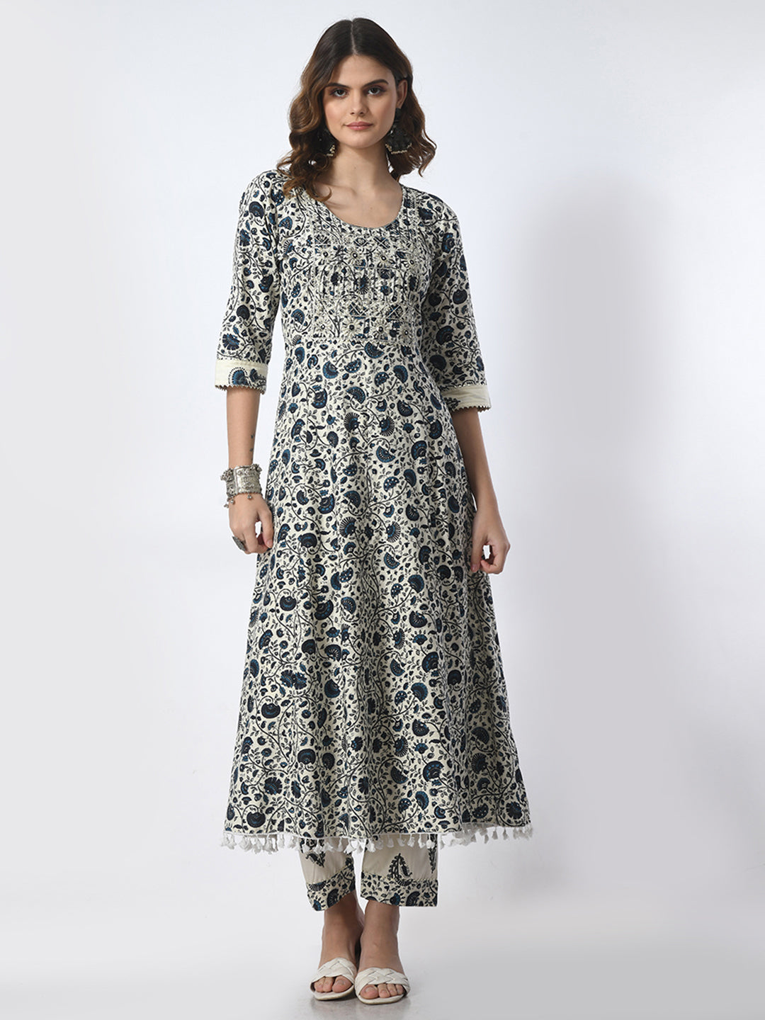 Off-white navy blue Anarkali set, embroidered work kurta set, elegant ethnic suit set, festive wear Anarkali, women’s party wear kurta set > Mitrika
