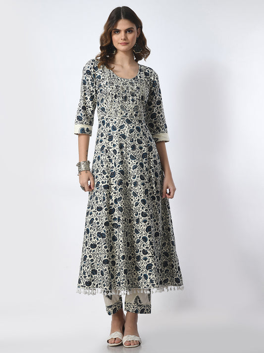 Off-white navy blue Anarkali set, embroidered work kurta set, elegant ethnic suit set, festive wear Anarkali, women’s party wear kurta set > Mitrika