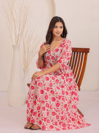 Pink Floral Dress , sweetheart neck dress, puff sleeve dress ,floral dress , pink dress, trending dress > Mitrika