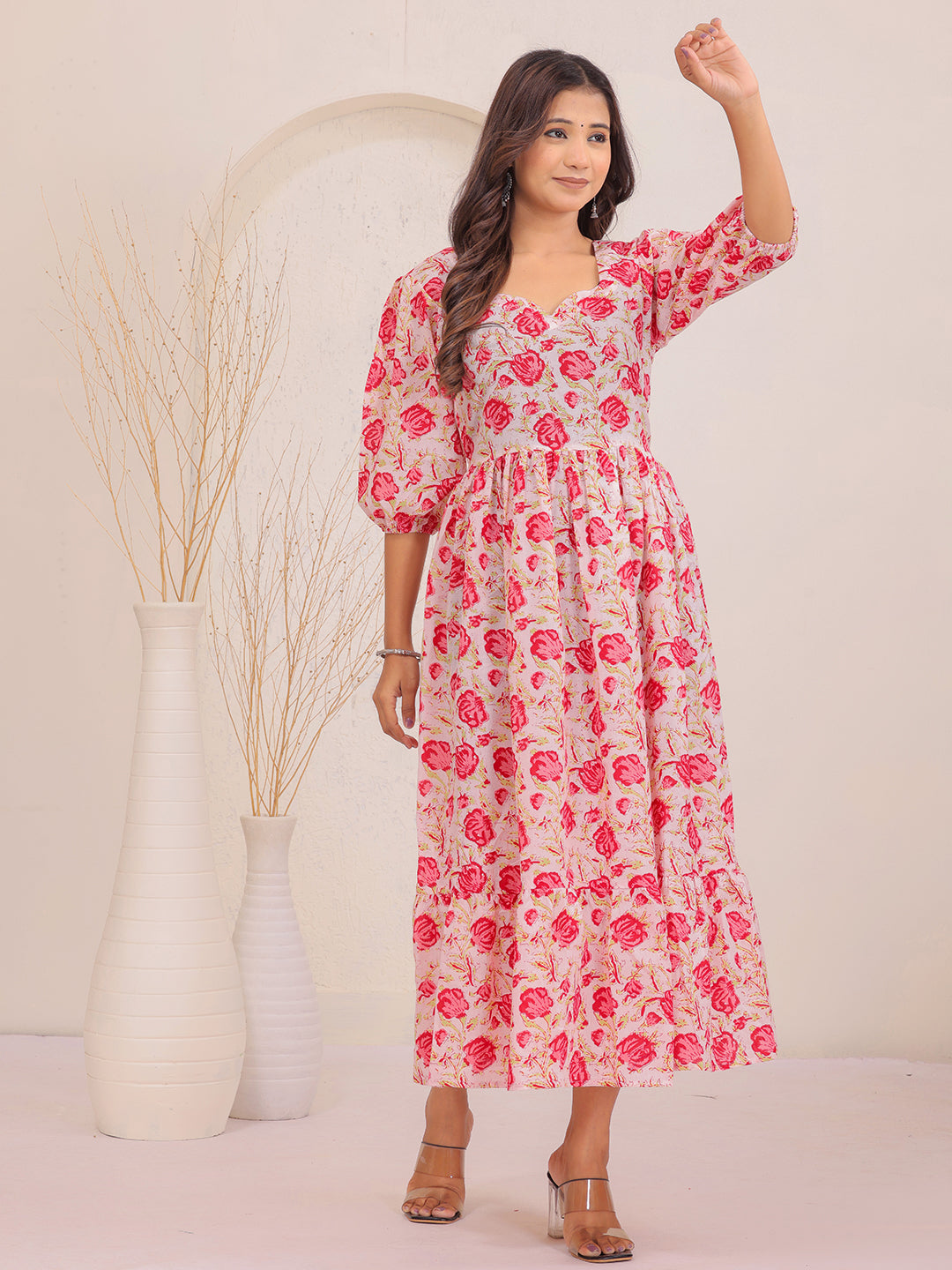 Pink Floral Dress, sweetheart dress, trending dress, pink dress, stylish dress , stylish dress, pink dress for women, one peace dress, > Mitrika