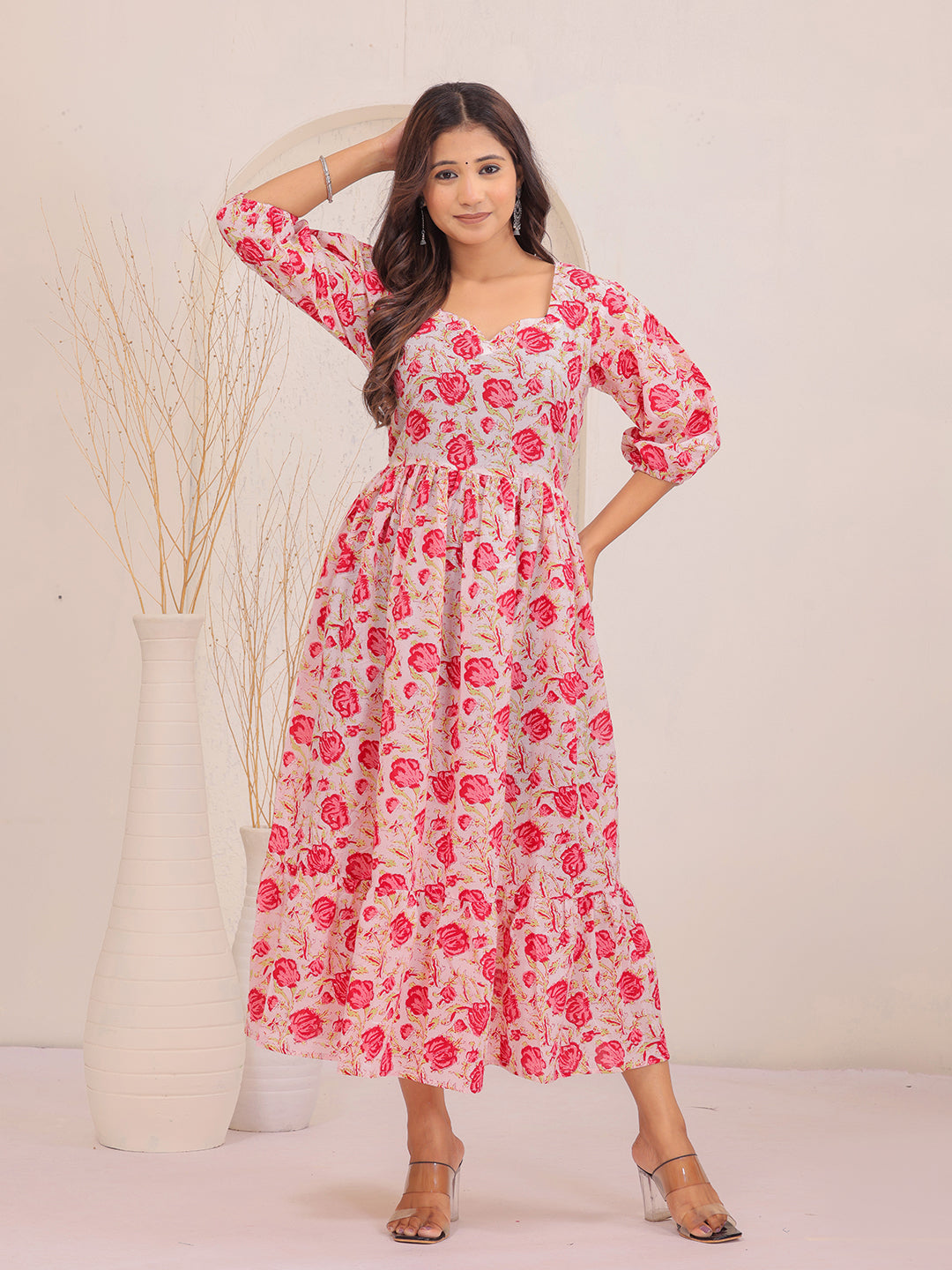 floral dress, one peace dress for women, sweet heart dress, puff sleeves dress, > Mitrika