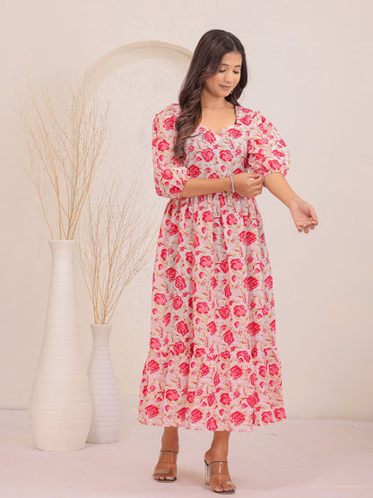 Woman wearing a floral dress, cinderella Dress, one peace dress, floral dress, puff sleeves dress, trending dress , dress for women >  Mitrika 